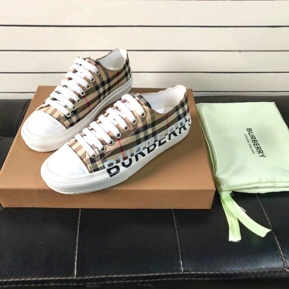 Burberry Logo Print Vintage Check Cotton Sneakers Archive Beige - Picture 5 of 7